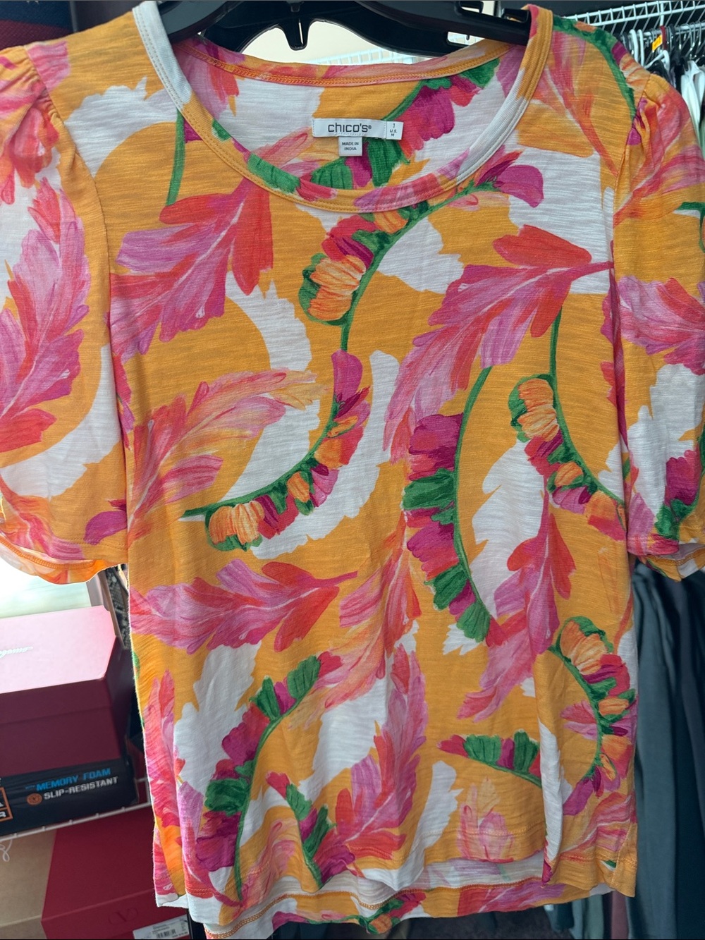 Chico's Yellow Short-Sleeve Tee with Pink & Green Floral Print
